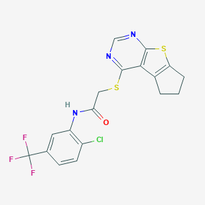 molecular formula C18H13ClF3N3OS2 B380676 N-[2-chloro-5-(trifluoromethyl)phenyl]-2-(6,7-dihydro-5H-cyclopenta[4,5]thieno[2,3-d]pyrimidin-4-ylsulfanyl)acetamide 