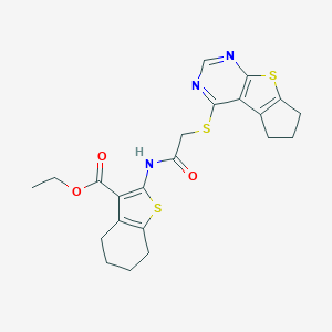 molecular formula C22H23N3O3S3 B380678 ethyl 2-{[(6,7-dihydro-5H-cyclopenta[4,5]thieno[2,3-d]pyrimidin-4-ylsulfanyl)acetyl]amino}-4,5,6,7-tetrahydro-1-benzothiophene-3-carboxylate 