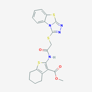 molecular formula C20H18N4O3S3 B380680 Methyl 2-[[2-([1,2,4]triazolo[3,4-b][1,3]benzothiazol-1-ylsulfanyl)acetyl]amino]-4,5,6,7-tetrahydro-1-benzothiophene-3-carboxylate CAS No. 314261-23-9