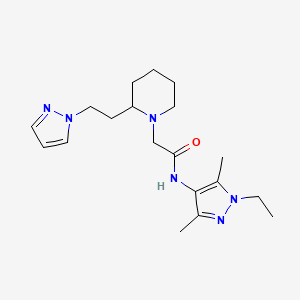 molecular formula C19H30N6O B3806832 N-(1-ethyl-3,5-dimethyl-1H-pyrazol-4-yl)-2-{2-[2-(1H-pyrazol-1-yl)ethyl]piperidin-1-yl}acetamide 