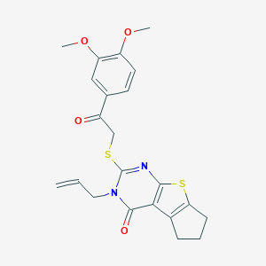 molecular formula C22H22N2O4S2 B380686 10-{[2-(3,4-Dimethoxyphenyl)-2-oxoethyl]sulfanyl}-11-(prop-2-en-1-yl)-7-thia-9,11-diazatricyclo[6.4.0.0^{2,6}]dodeca-1(8),2(6),9-trien-12-one CAS No. 314261-34-2