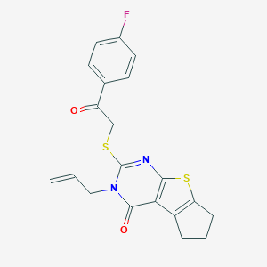 molecular formula C20H17FN2O2S2 B380689 10-{[2-(4-Fluorophenyl)-2-oxoethyl]sulfanyl}-11-(prop-2-en-1-yl)-7-thia-9,11-diazatricyclo[6.4.0.0^{2,6}]dodeca-1(8),2(6),9-trien-12-one CAS No. 314261-60-4