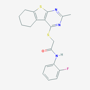 molecular formula C19H18FN3OS2 B380694 N-(2-fluorophenyl)-2-[(2-methyl-5,6,7,8-tetrahydro[1]benzothieno[2,3-d]pyrimidin-4-yl)sulfanyl]acetamide 