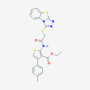 molecular formula C24H20N4O3S3 B380700 Ethyl 4-(4-methylphenyl)-2-[[2-([1,2,4]triazolo[3,4-b][1,3]benzothiazol-1-ylsulfanyl)acetyl]amino]thiophene-3-carboxylate CAS No. 314261-70-6