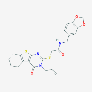 molecular formula C23H23N3O4S2 B380701 N-(1,3-benzodioxol-5-ylmethyl)-2-[(4-oxo-3-prop-2-enyl-5,6,7,8-tetrahydro-[1]benzothiolo[2,3-d]pyrimidin-2-yl)sulfanyl]acetamide CAS No. 314261-75-1