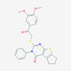 molecular formula C25H22N2O4S2 B380717 2-{[2-(3,4-dimethoxyphenyl)-2-oxoethyl]sulfanyl}-3-phenyl-3,5,6,7-tetrahydro-4H-cyclopenta[4,5]thieno[2,3-d]pyrimidin-4-one 