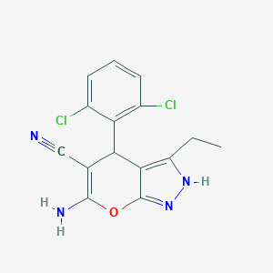 molecular formula C15H12Cl2N4O B380723 6-Amino-4-(2,6-dichlorophenyl)-3-ethyl-1,4-dihydropyrano[2,3-c]pyrazole-5-carbonitrile 