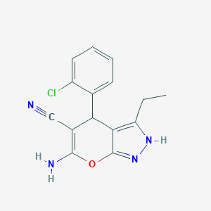 molecular formula C15H13ClN4O B380726 6-Amino-4-(2-chlorophenyl)-3-ethyl-1,4-dihydropyrano[2,3-c]pyrazole-5-carbonitrile 
