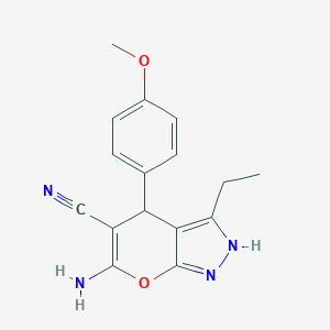 molecular formula C16H16N4O2 B380730 6-Amino-3-ethyl-4-(4-methoxyphenyl)-1,4-dihydropyrano[2,3-c]pyrazole-5-carbonitrile 
