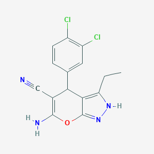 molecular formula C15H12Cl2N4O B380744 6-Amino-4-(3,4-dichlorophenyl)-3-ethyl-1,4-dihydropyrano[2,3-c]pyrazole-5-carbonitrile 