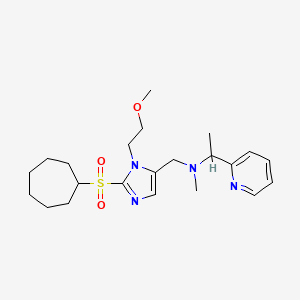 molecular formula C22H34N4O3S B3807708 N-{[2-(cycloheptylsulfonyl)-1-(2-methoxyethyl)-1H-imidazol-5-yl]methyl}-N-methyl-1-(2-pyridinyl)ethanamine 