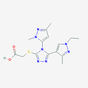 molecular formula C15H19N7O2S B3807716 {[4-(1,3-dimethyl-1H-pyrazol-5-yl)-5-(1-ethyl-3-methyl-1H-pyrazol-4-yl)-4H-1,2,4-triazol-3-yl]thio}acetic acid 