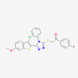 molecular formula C25H17ClFN3O2S2 B380839 2-[[5-(3-Chloro-6-methoxy-1-benzothiophen-2-yl)-4-phenyl-1,2,4-triazol-3-yl]sulfanyl]-1-(4-fluorophenyl)ethanone CAS No. 326882-16-0