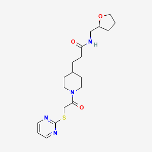 molecular formula C19H28N4O3S B3808675 3-{1-[(2-pyrimidinylthio)acetyl]-4-piperidinyl}-N-(tetrahydro-2-furanylmethyl)propanamide 