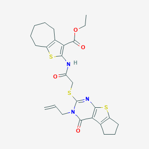 molecular formula C26H29N3O4S3 B380874 ethyl 2-({[(3-allyl-4-oxo-3,5,6,7-tetrahydro-4H-cyclopenta[4,5]thieno[2,3-d]pyrimidin-2-yl)thio]acetyl}amino)-5,6,7,8-tetrahydro-4H-cyclohepta[b]thiophene-3-carboxylate 