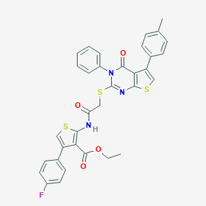 molecular formula C34H26FN3O4S3 B380881 Ethyl 4-(4-fluorophenyl)-2-[({[5-(4-methylphenyl)-4-oxo-3-phenyl-3,4-dihydrothieno[2,3-d]pyrimidin-2-yl]sulfanyl}acetyl)amino]-3-thiophenecarboxylate 