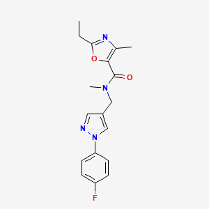 molecular formula C18H19FN4O2 B3808965 2-ethyl-N-{[1-(4-fluorophenyl)-1H-pyrazol-4-yl]methyl}-N,4-dimethyl-1,3-oxazole-5-carboxamide 