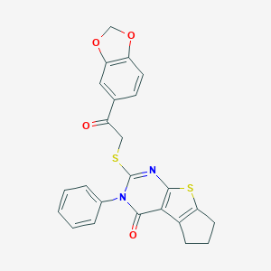 molecular formula C24H18N2O4S2 B380936 2-{[2-(1,3-benzodioxol-5-yl)-2-oxoethyl]thio}-3-phenyl-3,5,6,7-tetrahydro-4H-cyclopenta[4,5]thieno[2,3-d]pyrimidin-4-one 