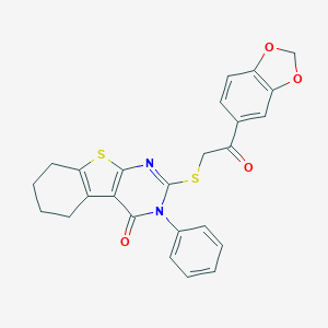 molecular formula C25H20N2O4S2 B380941 2-[2-(1,3-Benzodioxol-5-yl)-2-oxoethyl]sulfanyl-3-phenyl-5,6,7,8-tetrahydro-[1]benzothiolo[2,3-d]pyrimidin-4-one CAS No. 315677-17-9