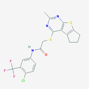 molecular formula C19H15ClF3N3OS2 B380943 N-(4-chloro-3-(trifluoromethyl)phenyl)-2-((2-methyl-6,7-dihydro-5H-cyclopenta[4,5]thieno[2,3-d]pyrimidin-4-yl)thio)acetamide CAS No. 315677-25-9