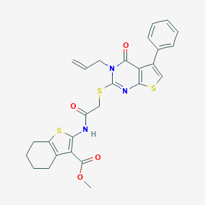 molecular formula C27H25N3O4S3 B380947 Methyl 2-({[(3-allyl-4-oxo-5-phenyl-3,4-dihydrothieno[2,3-d]pyrimidin-2-yl)sulfanyl]acetyl}amino)-4,5,6,7-tetrahydro-1-benzothiophene-3-carboxylate 