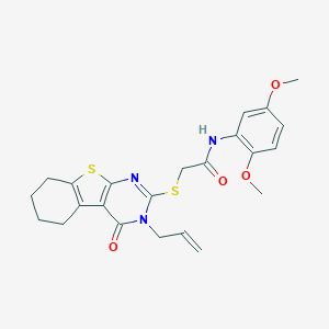 molecular formula C23H25N3O4S2 B380948 2-[(3-allyl-4-oxo-3,4,5,6,7,8-hexahydro[1]benzothieno[2,3-d]pyrimidin-2-yl)sulfanyl]-N-(2,5-dimethoxyphenyl)acetamide 