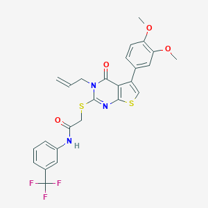 molecular formula C26H22F3N3O4S2 B380949 2-{[3-allyl-5-(3,4-dimethoxyphenyl)-4-oxo-3,4-dihydrothieno[2,3-d]pyrimidin-2-yl]sulfanyl}-N-[3-(trifluoromethyl)phenyl]acetamide 