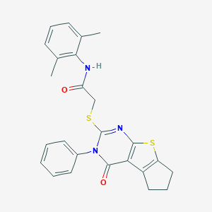 molecular formula C25H23N3O2S2 B380954 N-(2,6-dimethylphenyl)-2-[(4-oxo-3-phenyl-3,5,6,7-tetrahydro-4H-cyclopenta[4,5]thieno[2,3-d]pyrimidin-2-yl)sulfanyl]acetamide 