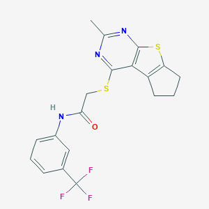 molecular formula C19H16F3N3OS2 B380962 2-((2-methyl-6,7-dihydro-5H-cyclopenta[4,5]thieno[2,3-d]pyrimidin-4-yl)thio)-N-(3-(trifluoromethyl)phenyl)acetamide CAS No. 315678-60-5