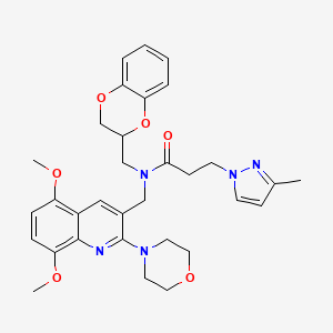 molecular formula C32H37N5O6 B3809763 N-(2,3-dihydro-1,4-benzodioxin-2-ylmethyl)-N-{[5,8-dimethoxy-2-(4-morpholinyl)-3-quinolinyl]methyl}-3-(3-methyl-1H-pyrazol-1-yl)propanamide 