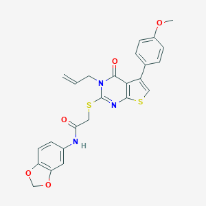 molecular formula C25H21N3O5S2 B380982 2-{[3-allyl-5-(4-methoxyphenyl)-4-oxo-3,4-dihydrothieno[2,3-d]pyrimidin-2-yl]sulfanyl}-N-(1,3-benzodioxol-5-yl)acetamide 