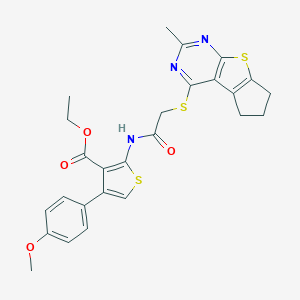 molecular formula C26H25N3O4S3 B380983 ethyl 4-(4-methoxyphenyl)-2-({[(2-methyl-6,7-dihydro-5H-cyclopenta[4,5]thieno[2,3-d]pyrimidin-4-yl)sulfanyl]acetyl}amino)-3-thiophenecarboxylate 