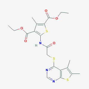 molecular formula C21H23N3O5S3 B380994 Diethyl 5-[[2-(5,6-dimethylthieno[2,3-d]pyrimidin-4-yl)sulfanylacetyl]amino]-3-methylthiophene-2,4-dicarboxylate CAS No. 315682-32-7