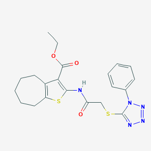 molecular formula C21H23N5O3S2 B381006 ethyl 2-({[(1-phenyl-1H-tetraazol-5-yl)sulfanyl]acetyl}amino)-5,6,7,8-tetrahydro-4H-cyclohepta[b]thiophene-3-carboxylate 