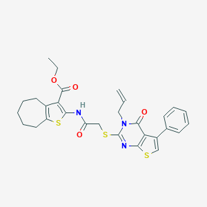 molecular formula C29H29N3O4S3 B381011 ethyl 2-({[(3-allyl-4-oxo-5-phenyl-3,4-dihydrothieno[2,3-d]pyrimidin-2-yl)thio]acetyl}amino)-5,6,7,8-tetrahydro-4H-cyclohepta[b]thiophene-3-carboxylate 