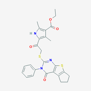 molecular formula C26H25N3O4S2 B381035 ethyl 2,4-dimethyl-5-(2-((4-oxo-3-phenyl-4,5,6,7-tetrahydro-3H-cyclopenta[4,5]thieno[2,3-d]pyrimidin-2-yl)thio)acetyl)-1H-pyrrole-3-carboxylate CAS No. 315691-96-4