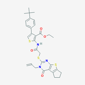 molecular formula C31H33N3O4S3 B381038 ethyl 2-({[(3-allyl-4-oxo-3,5,6,7-tetrahydro-4H-cyclopenta[4,5]thieno[2,3-d]pyrimidin-2-yl)sulfanyl]acetyl}amino)-4-(4-tert-butylphenyl)-3-thiophenecarboxylate 