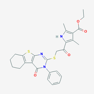 molecular formula C27H27N3O4S2 B381040 ethyl 2,4-dimethyl-5-{[(4-oxo-3-phenyl-3,4,5,6,7,8-hexahydro[1]benzothieno[2,3-d]pyrimidin-2-yl)sulfanyl]acetyl}-1H-pyrrole-3-carboxylate 