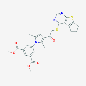 molecular formula C27H25N3O5S2 B381042 dimethyl 5-(3-(2-((6,7-dihydro-5H-cyclopenta[4,5]thieno[2,3-d]pyrimidin-4-yl)thio)acetyl)-2,5-dimethyl-1H-pyrrol-1-yl)isophthalate CAS No. 315692-04-7
