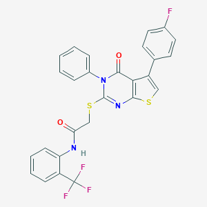 molecular formula C27H17F4N3O2S2 B381047 2-[5-(4-fluorophenyl)-4-oxo-3-phenylthieno[2,3-d]pyrimidin-2-yl]sulfanyl-N-[2-(trifluoromethyl)phenyl]acetamide CAS No. 315693-09-5