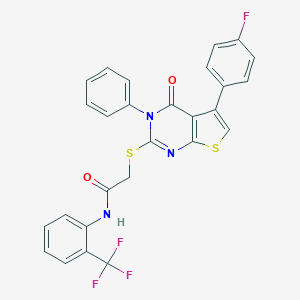 molecular formula C27H17F4N3O2S2 B381047 2-[5-(4-Fluorphenyl)-4-oxo-3-phenylthieno[2,3-d]pyrimidin-2-yl]sulfanyl-N-[2-(Trifluormethyl)phenyl]acetamid CAS No. 315693-09-5