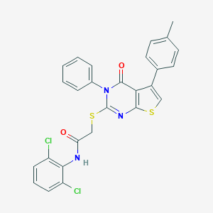 molecular formula C27H19Cl2N3O2S2 B381052 N-(2,6-dichlorophenyl)-2-{[5-(4-methylphenyl)-4-oxo-3-phenyl-3,4-dihydrothieno[2,3-d]pyrimidin-2-yl]sulfanyl}acetamide 