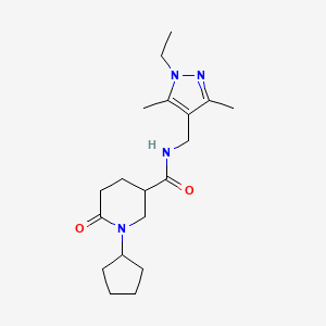 molecular formula C19H30N4O2 B3810520 1-cyclopentyl-N-[(1-ethyl-3,5-dimethyl-1H-pyrazol-4-yl)methyl]-6-oxo-3-piperidinecarboxamide 