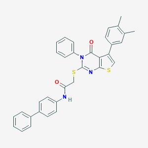 molecular formula C34H27N3O2S2 B381055 N-[1,1'-biphenyl]-4-yl-2-{[5-(3,4-dimethylphenyl)-4-oxo-3-phenyl-3,4-dihydrothieno[2,3-d]pyrimidin-2-yl]sulfanyl}acetamide 