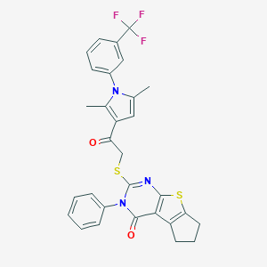 molecular formula C30H24F3N3O2S2 B381056 2-[(2-{2,5-dimethyl-1-[3-(trifluoromethyl)phenyl]-1H-pyrrol-3-yl}-2-oxoethyl)sulfanyl]-3-phenyl-3,5,6,7-tetrahydro-4H-cyclopenta[4,5]thieno[2,3-d]pyrimidin-4-one 