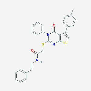 molecular formula C29H25N3O2S2 B381062 2-{[5-(4-methylphenyl)-4-oxo-3-phenyl-3,4-dihydrothieno[2,3-d]pyrimidin-2-yl]sulfanyl}-N-(2-phenylethyl)acetamide 