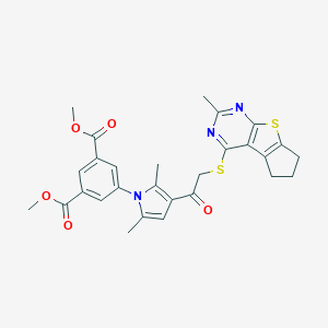 molecular formula C28H27N3O5S2 B381080 dimethyl 5-(2,5-dimethyl-3-{[(2-methyl-6,7-dihydro-5H-cyclopenta[4,5]thieno[2,3-d]pyrimidin-4-yl)sulfanyl]acetyl}-1H-pyrrol-1-yl)isophthalate 