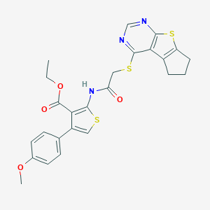 molecular formula C25H23N3O4S3 B381091 2-(2-((6,7-二氢-5H-环戊并[4,5]噻吩并[2,3-d]嘧啶-4-基)硫代)乙酰氨基)-4-(4-甲氧基苯基)噻吩-3-甲酸乙酯 CAS No. 315693-85-7