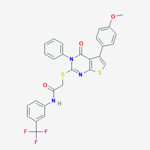 molecular formula C28H20F3N3O3S2 B381096 2-{[5-(4-methoxyphenyl)-4-oxo-3-phenyl-3,4-dihydrothieno[2,3-d]pyrimidin-2-yl]sulfanyl}-N-[3-(trifluoromethyl)phenyl]acetamide 