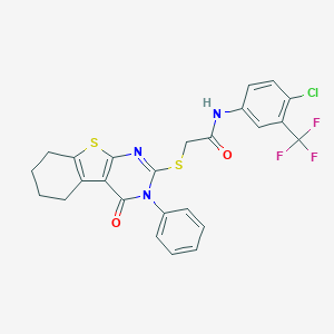 molecular formula C25H19ClF3N3O2S2 B381103 N-[4-chloro-3-(trifluoromethyl)phenyl]-2-[(4-oxo-3-phenyl-5,6,7,8-tetrahydro-[1]benzothiolo[2,3-d]pyrimidin-2-yl)sulfanyl]acetamide CAS No. 315694-11-2
